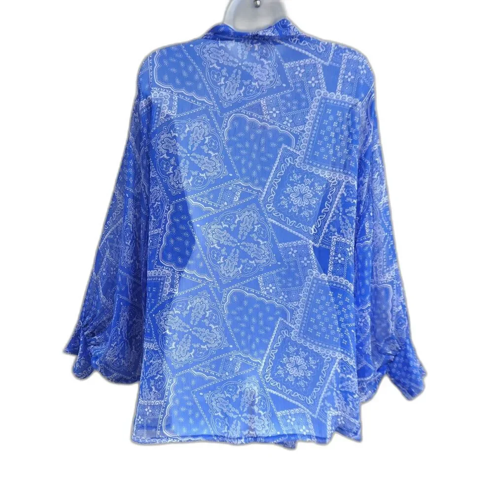 NEW Free People Golden Hour Tie Front Kimono Blue White Bandana Print Semi Sheer